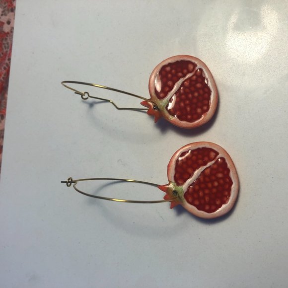 Red Pomegranate Hoop Earrings with Gold Hoops (Made with Polymer Clay & Resin) - Picture 11 of 12